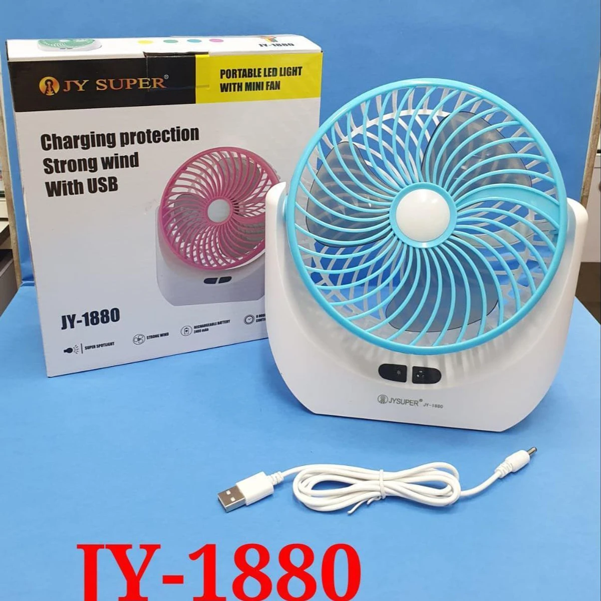 JY SUPER Portable Led Light With Mini Fan Charging Protection Strong Wind Fan With USB Port - Rechargeable Mini Fan