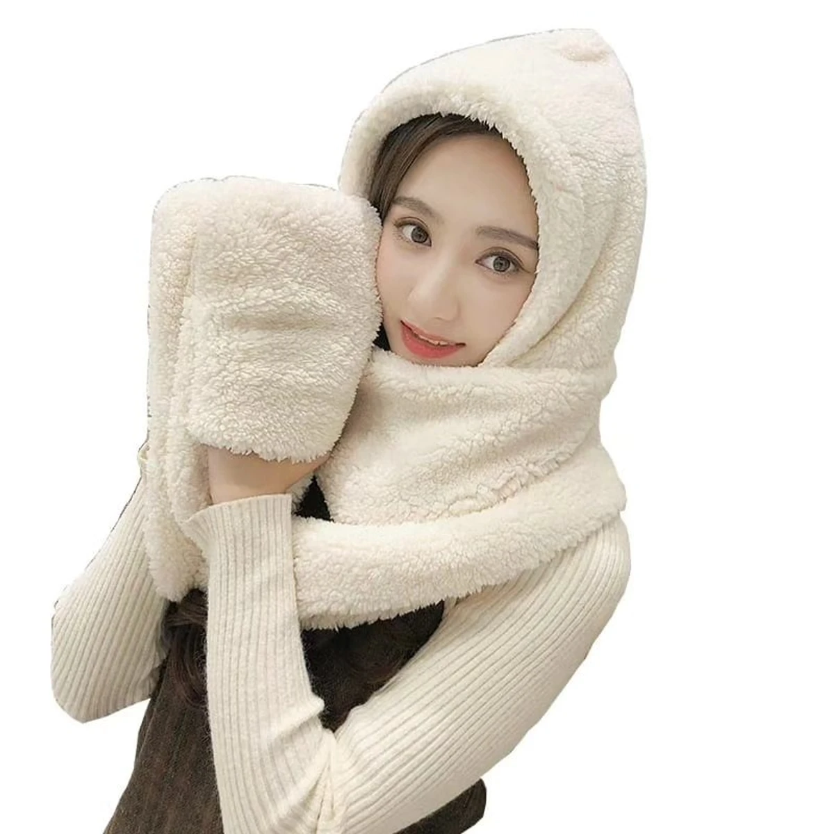 Winter Balaclava with Ears Warm Scarf Gloves Set Hat For Women